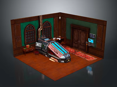 Sci-Fi Room Interior Featuring Vintage Wooden Walls Green Paneling Arched Windows And Futuristic Tech Device 3d model