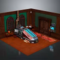 Sci-Fi Room Interior Featuring Vintage Wooden Walls Green Paneling Arched Windows And Futuristic Tech Device