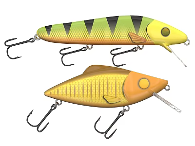 Two Fishing Lures With Green Black Stripes And Yellow Fish Shape And Metal Hooks 3d model