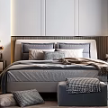 Modern Bedroom Interior Design With Gray Tones Wooden Nightstands Pendant Lights Throw Pillows And Ottoman
