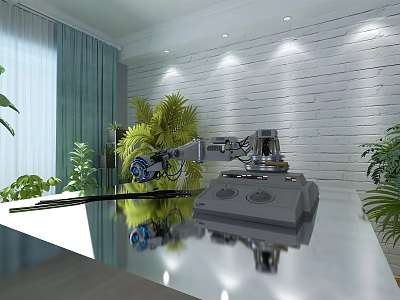 Robotic Arm On Shiny Tabletop With White Brick Wall And Green Plants 3d model