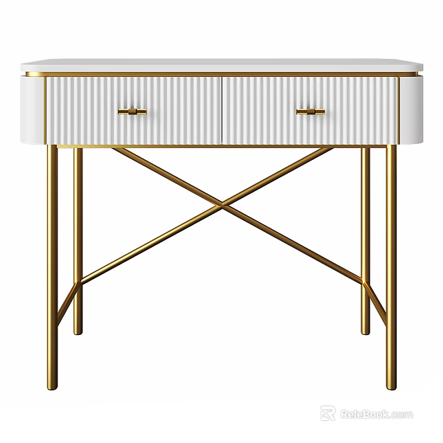 Modern White Vanity Table With Gold Cross Legs And Striped Drawers 3d model 