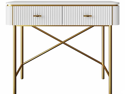 Modern White Vanity Table With Gold Cross Legs And Striped Drawers 3d model