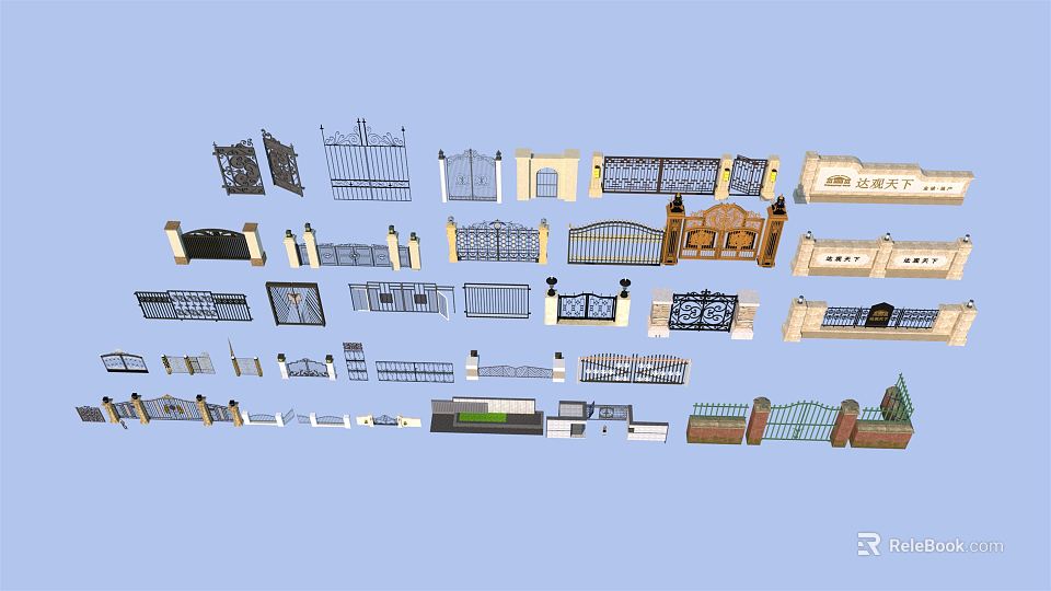 Various Types of Gates with Iron Designs Wooden Styles and Decorative Railings 3d model 