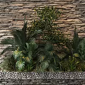Garden Feature With Stone Wall Flowing Water Louvered Window And Lush Greenery
