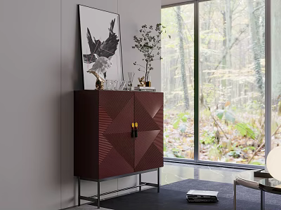 Modern Red Console Cabinet With Geometric Pattern Brass Handles And Decorative Artwork Plant Near Window 3d model