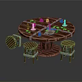 Vintage Wooden Round Table with Stools and Decorative Candles Scroll Gold Coins