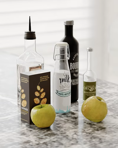 Kitchen Counter With Marble Top Green Apples Milk Bottle Nuts Box And Glass Bottles 3d model