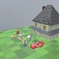 Cartoon Characters Standing in Front of Classic House with Green Lawn and Group Gathering