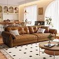Modern Living Dining Room With Brown Leather Sofa Geometric Rug Dining Table And Green Plants