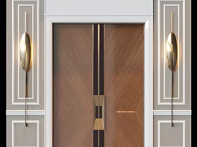 Brown Wooden Front Door With Brass Handles And Gold Wall Sconces On White Trim 3d model