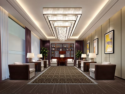 Elegant Conference Room Interior With Chandelier Bookshelf Sofas Carpet And Paintings 3d model
