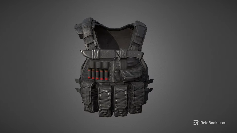 Military Style Black Tactical Vest With Multiple Pockets And Ammunition Clips 3d model 