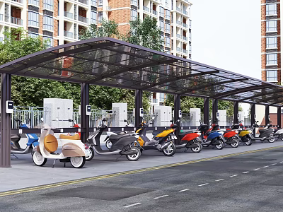 Outdoor Shade Canopy for Electric Scooter Parking Near High-Rise Buildings With Trees 3d model