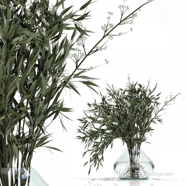 Decorative Ornament Set With Green Bamboo Leaves And Glass Vase Arrangement 3d model 