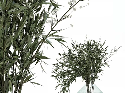 Decorative Ornament Set With Green Bamboo Leaves And Glass Vase Arrangement 3d model