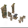 Traditional Architectural Elements Columns Walls Steps And Roof Models With Stone Green Tile Details