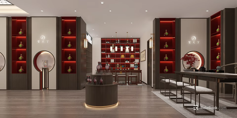 Traditional Chinese Style Showroom With Red Display Shelves Circular Counter Vases And Wooden Elements 3d model 