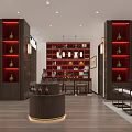 Traditional Chinese Style Showroom With Red Display Shelves Circular Counter Vases And Wooden Elements