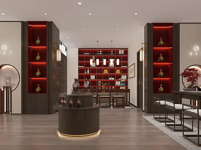 Traditional Chinese Style Showroom With Red Display Shelves Circular Counter Vases And Wooden Elements 3d model