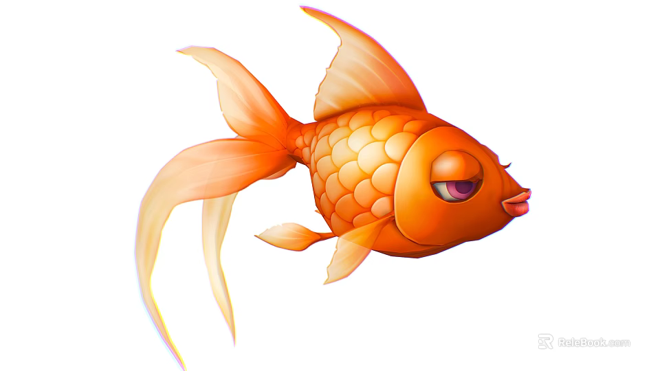 Cute Orange Goldfish With Big Eyes Long Tail And Shiny Scales In Cartoon Style 3d model 