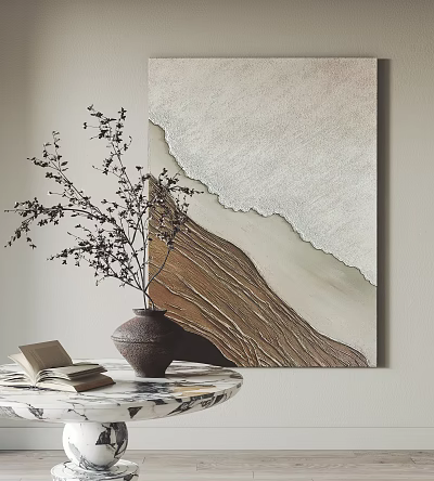 Textured Abstract Painting With Vase Branches Open Book On Marble Table 3d model