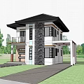 Modern Two Story Detached House With White Gray Exterior Palm Trees And Lawn