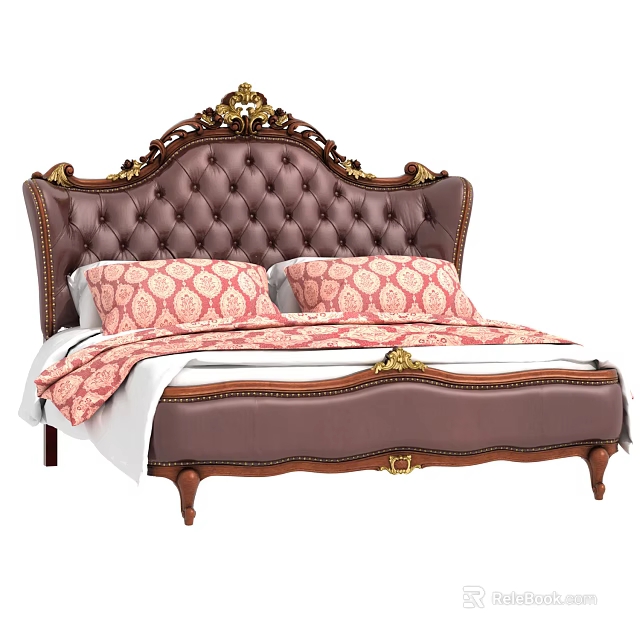 Luxury Ornate Double Bed With Brown Leather Headboard Gold Accents And Patterned Bedding 3d model 