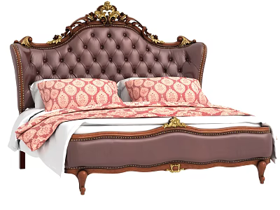 Luxury Ornate Double Bed With Brown Leather Headboard Gold Accents And Patterned Bedding 3d model