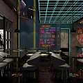Modern Bar Interior with Neon Lights Colorful Walls Bottle Shelves and Comfortable Seating