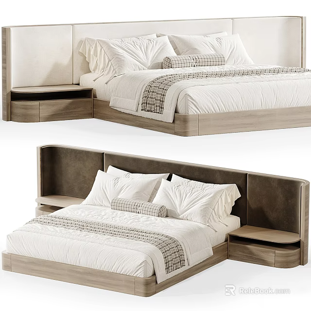 Modern Background Double Bed Design With Wooden Headboard White Bedding And Side Tables 3d model 