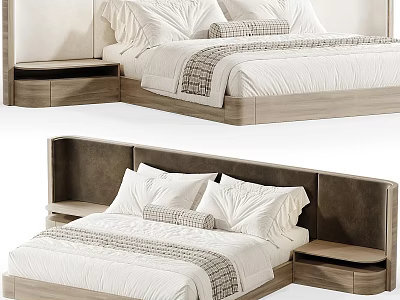 Modern Background Double Bed Design With Wooden Headboard White Bedding And Side Tables 3d model