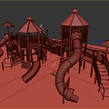 Kids Playground With Multiple Red Slides Decorative Canopies Blue Floor And Wooden Benches