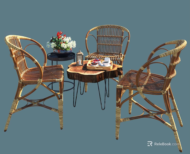 Outdoor Rattan Table Set For Patio With Chairs Flower Arrangement And Tableware 3d model 