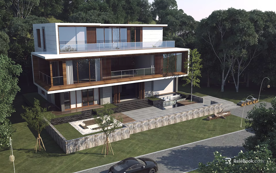 Modern Two Story Detached Villa With Large Glass Windows And Green Surroundings 3d model 
