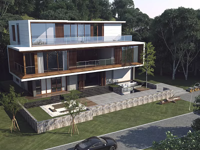 Modern Two Story Detached Villa With Large Glass Windows And Green Surroundings 3d model