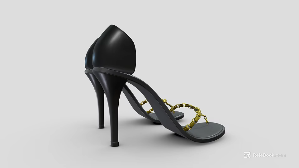 Black Stiletto High Heels With Gold Chain Straps And Slim Heel Design 3d model 