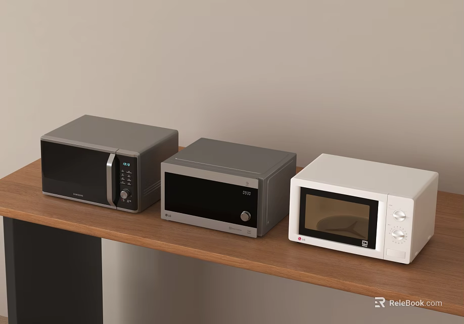 Modern Kitchen Microwave Ovens With Gray And White On Wooden Countertop 3d model 