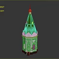 Traditional Architectural Structure Featuring Green Spire Golden Top White Body Arched Windows And Arched Door