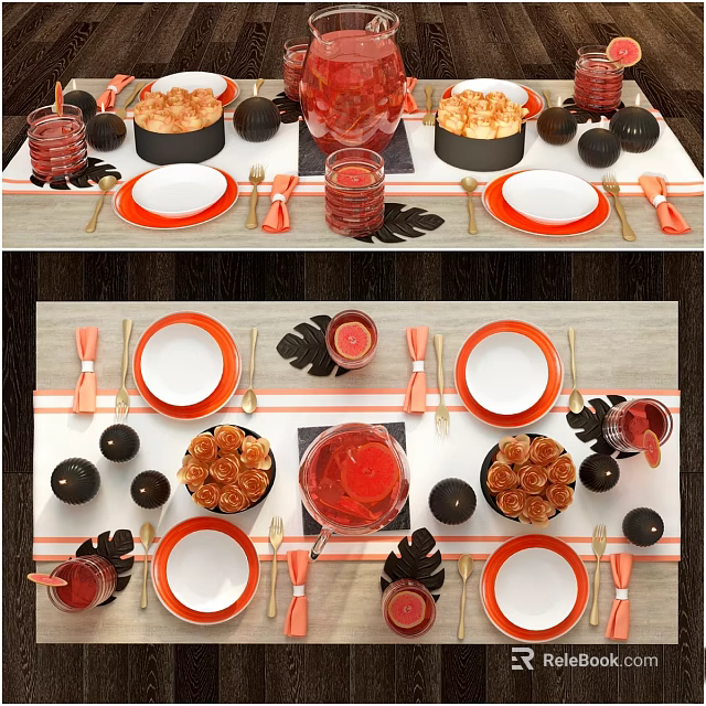 Modern Dinnerware Set with Orange White Plates Black Balls Candles for Stylish Table Setting 3d model