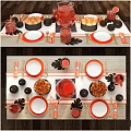 Modern Dinnerware Set with Orange White Plates Black Balls Candles for Stylish Table Setting 3d model