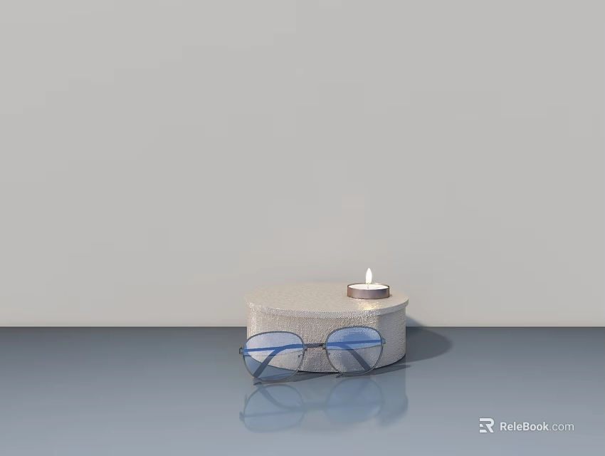 Light Gray Display Shelf With Blue Glasses And Lit Candle On Blue Countertop 3d model 