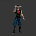 Man In Martial Arts Costume With Wide Brimmed Hat Red Symbol And Blue Pants