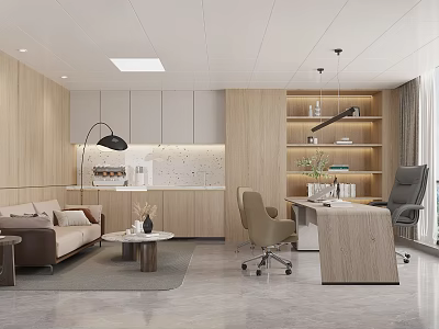 Modern Office Interior Design With Wooden Desk Sofa Bookshelf And Pendant Lights 3d model