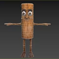 Wooden Cylindrical Game and Movie Character With Large Eyes Outstretched Arms and Wood Grain Texture