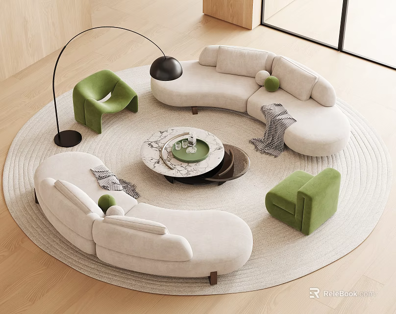 Curved Beige Sofa Set with Marble Coffee Table Green Armchairs Floor Lamp and Round Rug 3d model 