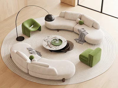 Curved Beige Sofa Set with Marble Coffee Table Green Armchairs Floor Lamp and Round Rug 3d model