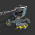 Mechanical Turret Weapon With Gray Blue Structure And Yellow Warning Stripes On Base
