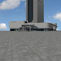Modern Hotel Building with Glass Curtain Wall Unique Rooftop and White Exterior Under Blue Sky