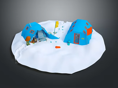 Cartoon Scene With Snowy Ground Blue Tents Little Figures And Items 3d model